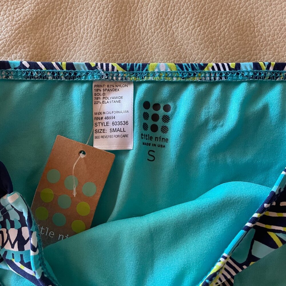 NWT Title Nine size small swimsuit bottoms, tribal print navy, turquoise, yellow - Picture 3 of 5